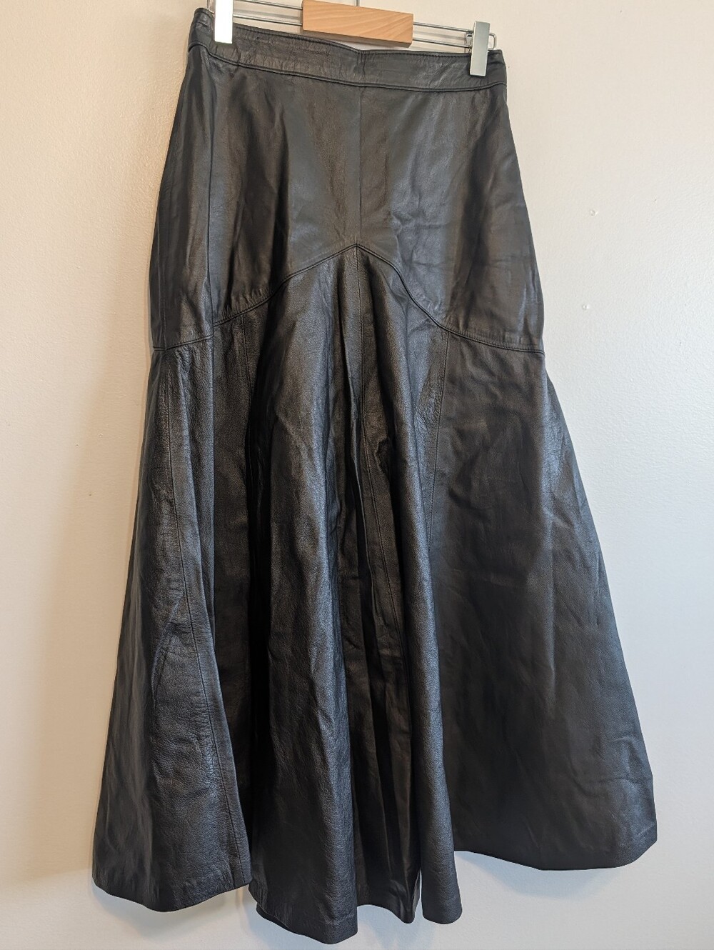 Custom Dormeuil England Black Leather A-Line Midi Skirt S